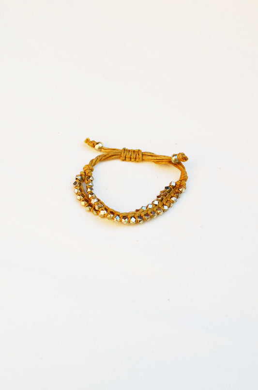 Two Row Gold Nugget Woven Bracelet with Tan Cotton Cords