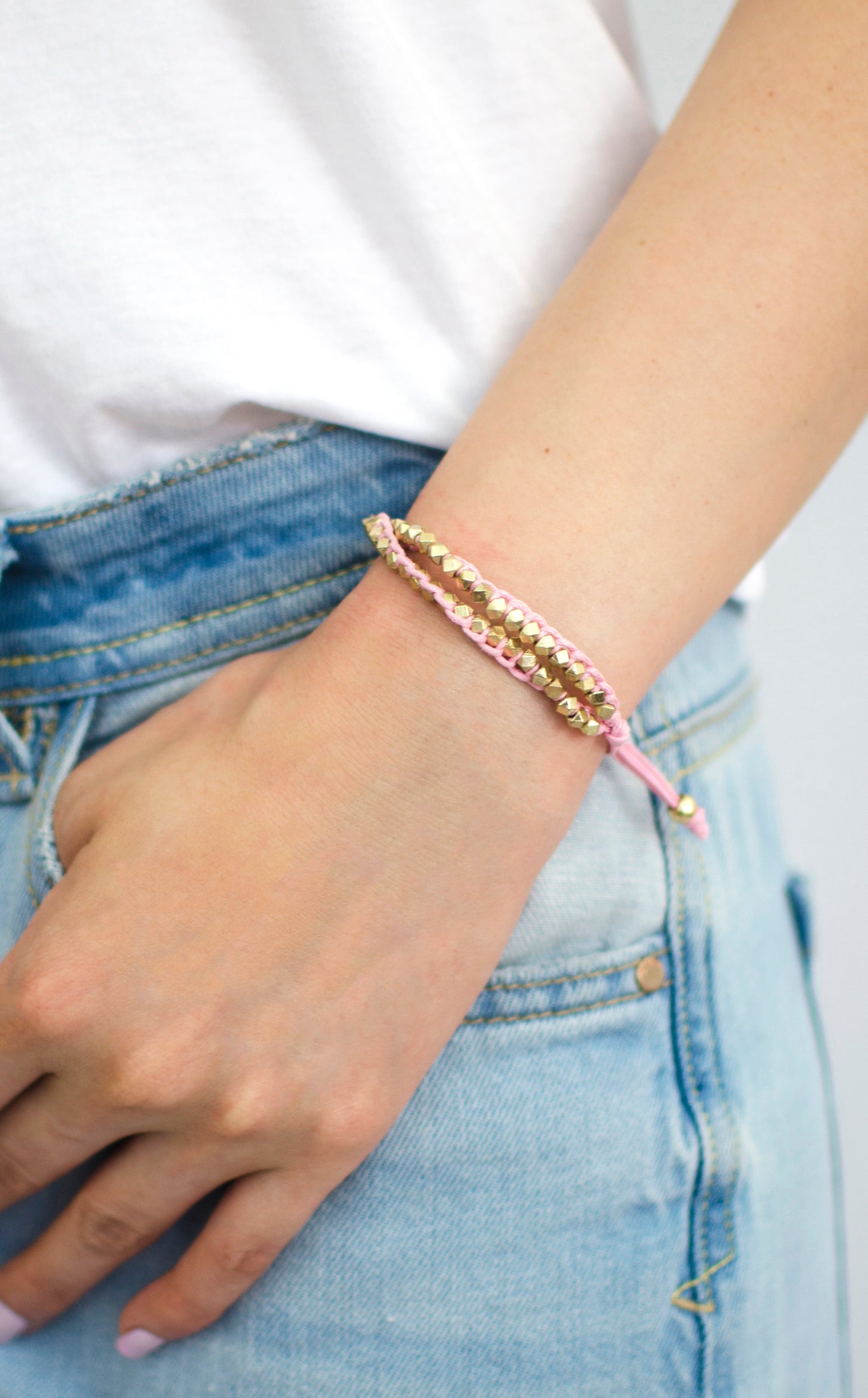 Two Row Gold Nugget Woven Bracelet with Pink Cotton Cords