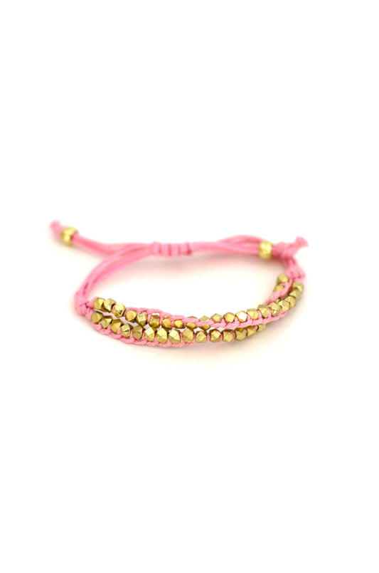 Two Row Gold Nugget Woven Bracelet with Pink Cotton Cords