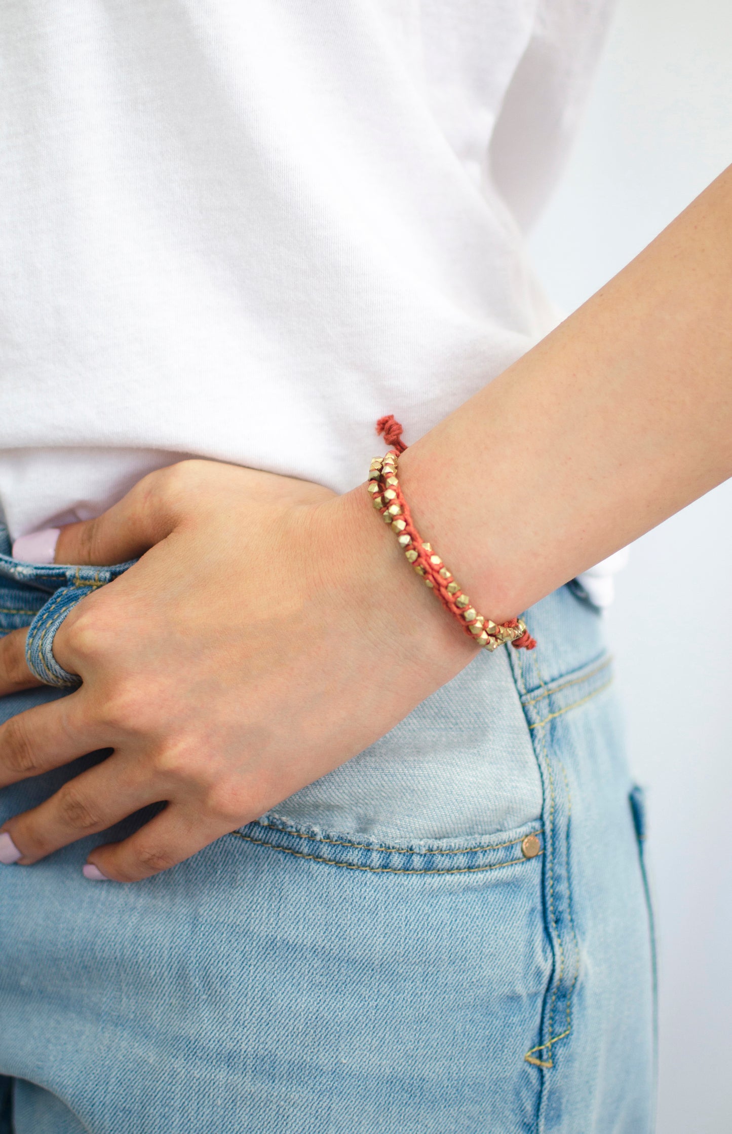 Two Row Gold Nugget Woven Bracelet with Red Cotton Cords