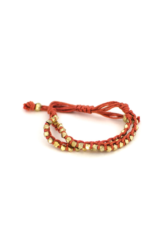 Two Row Gold Nugget Woven Bracelet with Red Cotton Cords